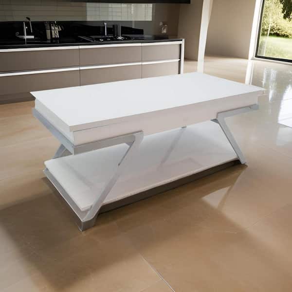 Benjara Casey 47.5 in. White and Chrome Rectangle Wood Coffee Table with Lift Top and Chrome Metal Frame