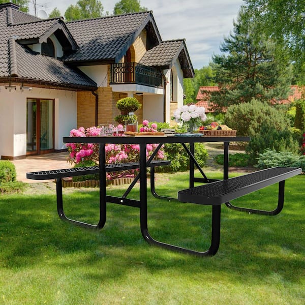 Outdoor 72 in. Thermoplastic Coated Rectangle Steel Picnic Tables 6-Person with Umbrella Hole, Patio Dining Table, Black
