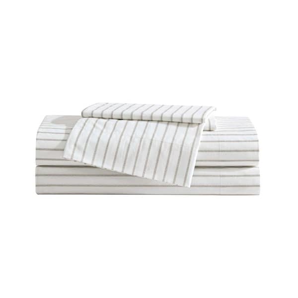 Eddie Bauer Essential Stripe 4-Piece White/Beige/Grey 100% Cotton Queen Sheet Set