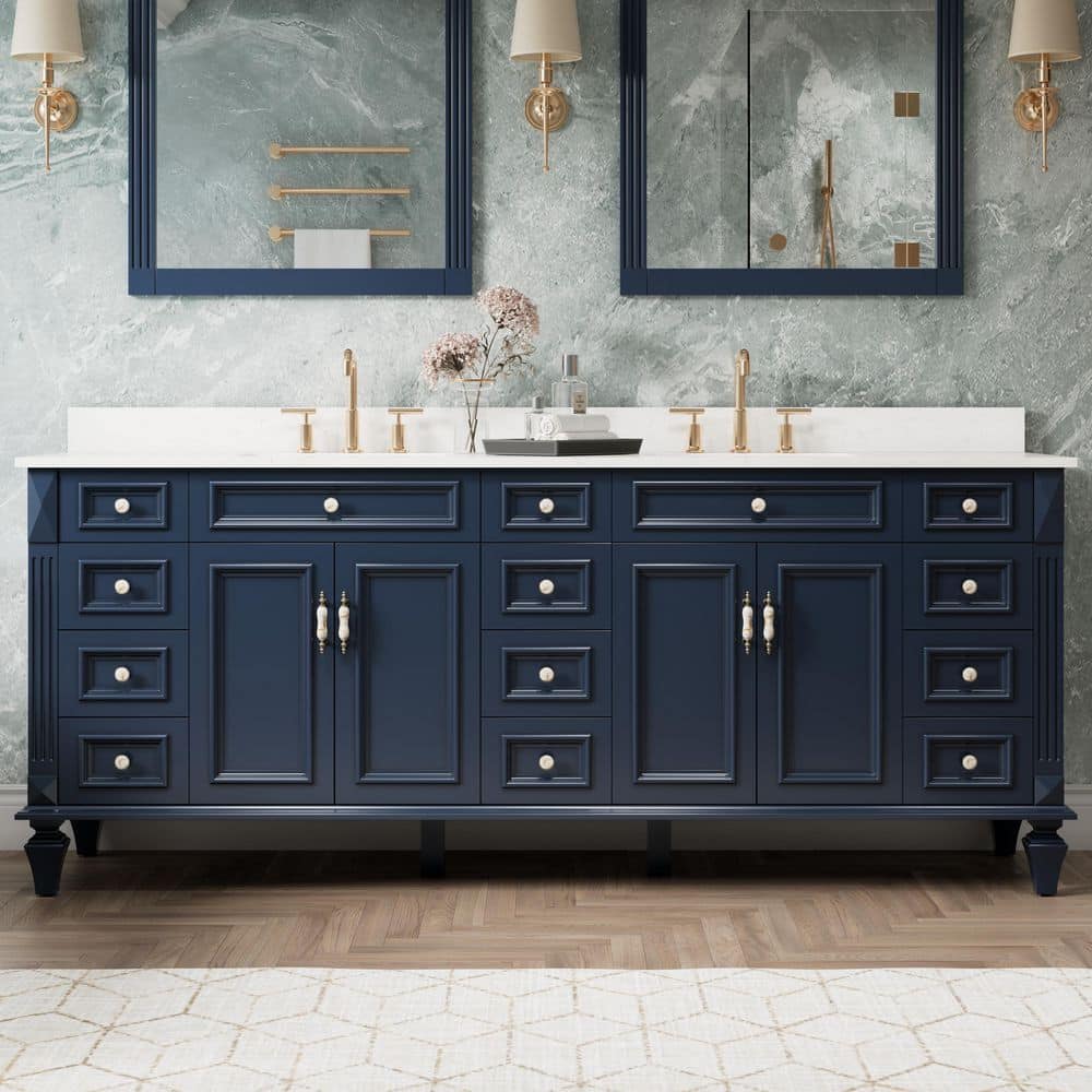 Artwood 84 in. W Double Sink Freestanding Navy Blue Bath Vanity with Carrera White Quartz Vanity Top, Solid Wood Cabinet price history on PriceWatchPro