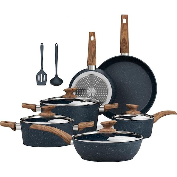 Pots and Pans Set Non Stick - 12 Piece Induction Kitchen Cookware Sets, Blue Granite Nonstick Cooking Pans Set