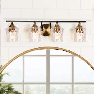 Modern Black Wall Sconce Lighting, 28 in. 4-Light Brass Gold Bathroom Vanity Light with Water Glass Shades