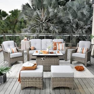 Verona Grey 6-Piece Wicker Outdoor Patio Conversation Sofa Seating Set with a Rectangle Fire Pit and Light Grey Cushions