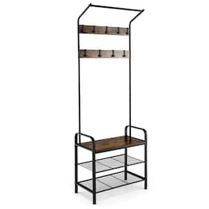 3 in 1 Industrial Hall Tree Coat Rack Shoe Bench W/Storage Shelf and 9-Hooks