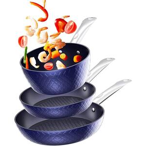 3-Piece Stainless Steel Nonstick Cookware Set with Induction Nonstick Ceramic Flying Cooking Pan Stock Pot in Blue.