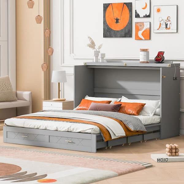 Harper & Bright Designs Gray Wood Frame Queen Size Pulley Structure Murphy Bed with Sockets, USB Ports and Drawer