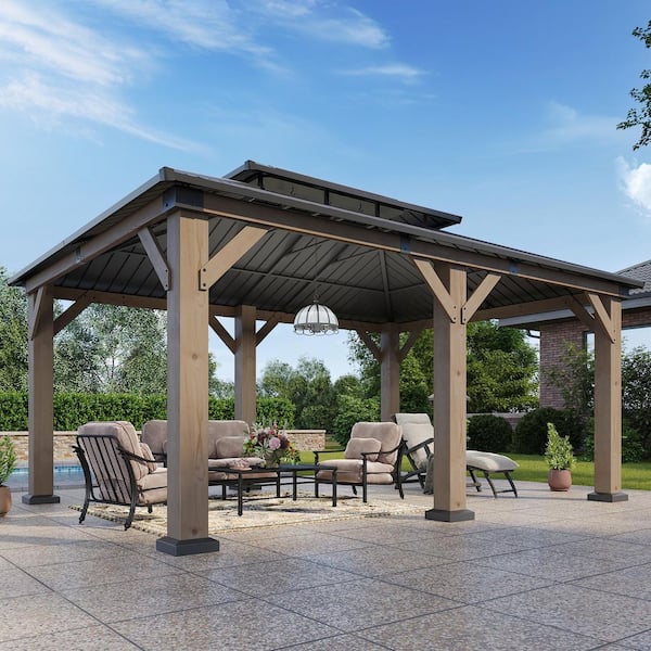 16 ft. x 12 ft. Outdoor Wood Gazebo, Hardtop Gazebo Permanent Wooden Pavilion with Galvanized Steel Double Roof