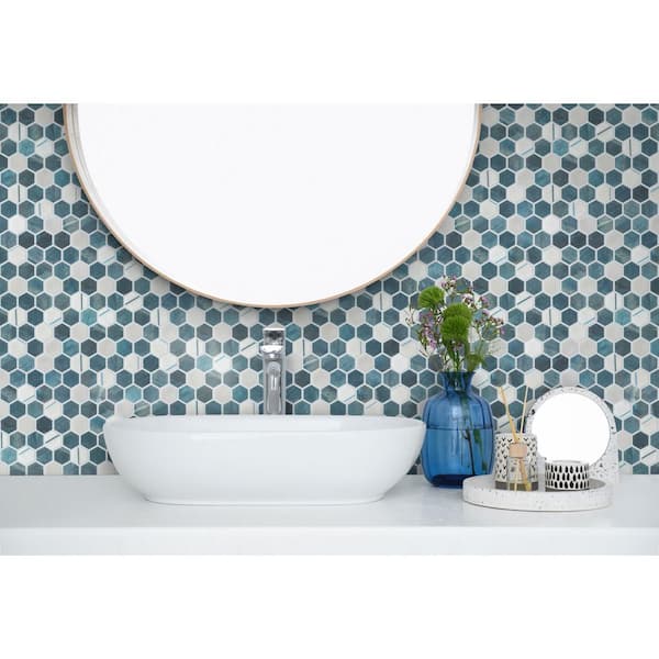 Avery Soar Blue 1 in. x 1 in. Honeycomb Polished Upcycled Glass Mosaic Floor and Wall Tile (10.34 sq. ft./Case)