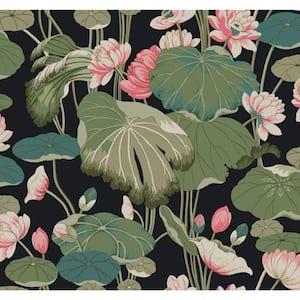 Lotus Pond Midnight/Flamingo Multi-Colored Matte Pre-pasted Paper Wallpaper 60.75 sq. ft