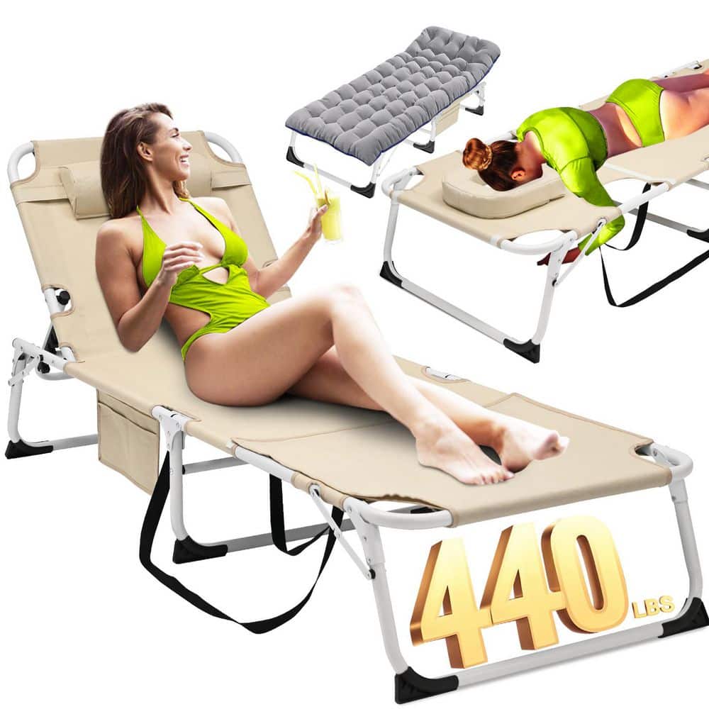 Face Down Tanning Chair w/ Face Arm Hole 5-Position Chaise Lounge Chair Beach Chair Metal Folding Camping Cot, Beige price history on PriceWatchPro