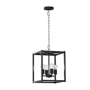 4-Light Black Modern Ceiling Chandelier Light Metal Lantern Fixture with Farmhouse Iron Cage with Adjustable Height