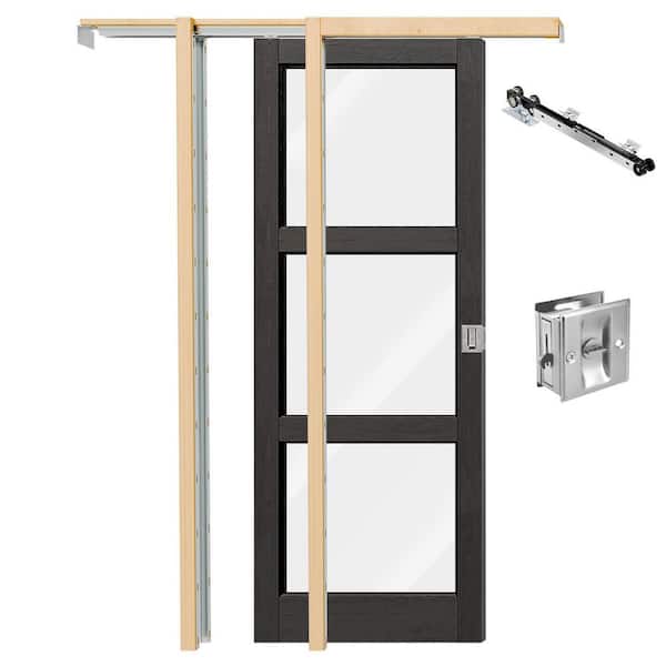 32 in. x 80 in. 3 Lite Clear Glass Black PVC Covering MDF Wood Pocket Door with Lock, Soft Close & Frame Kit, glass door