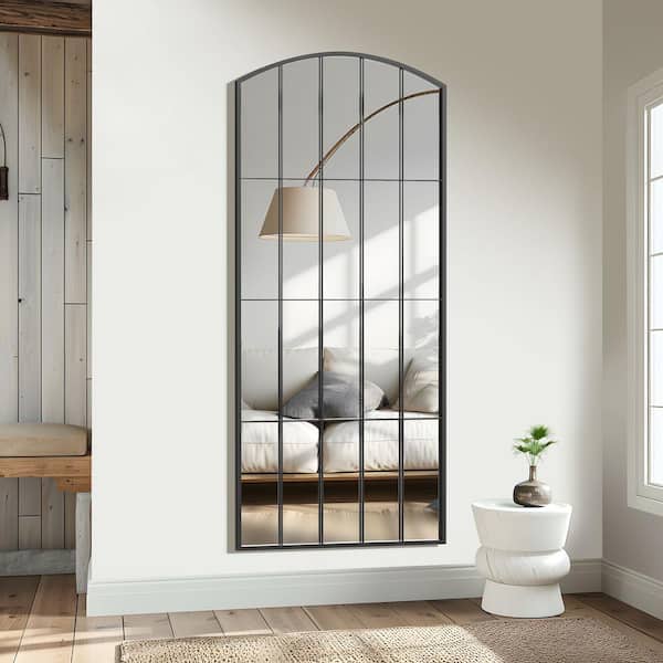 Lirago 28 in. W x 67 in. H Full Length Arch Iron Frame Window Mirror in Black