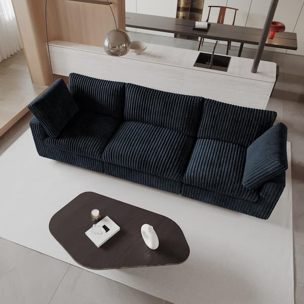 118.1 in. W Square Arm Faux Rabbit Plush Fabric Rectangle Reclining Sofa in. Black