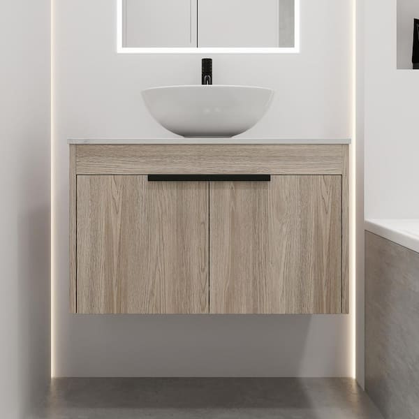 Staykiwi 30 in. W x 19 in. D x 24 in. H Floating Bath Vanity in White Oak with White Engineered Stone Composite Top and Sink
