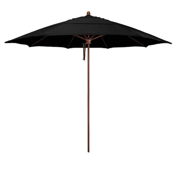 California Umbrella 11 ft. Woodgrain Aluminum Commercial Market Patio Umbrella Fiberglass Ribs and Pulley Lift in Black Sunbrella