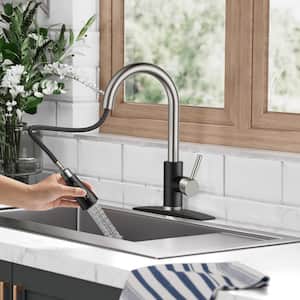 Single Handle Pull Down Sprayer Kitchen Sink Faucet with Deckplate Gooseneck Swivel Spout in Nickel and Black