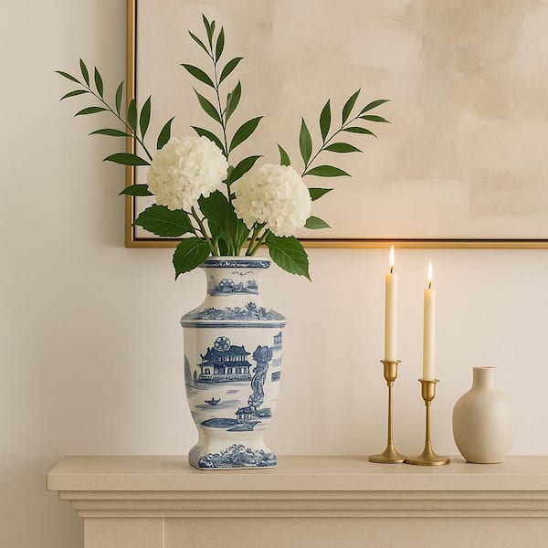 15 in. Blue and White Ceramic Chinoiserie Floral Vase