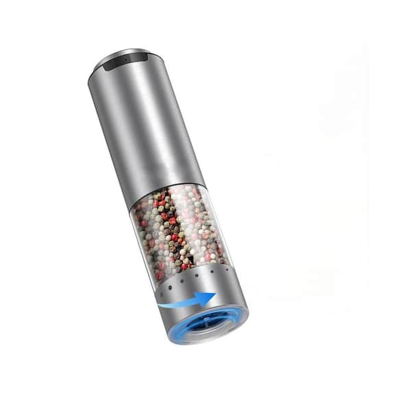 Silver Electric Pepper Grinder with External Coarseness Adjustment, Rechargeable Battery, and LED Light