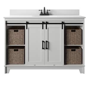49 in. W x 22 in. D x 37.9 in. H Barn Door Single Bathroom Vanity Side Cabinet in White with White Marble Top