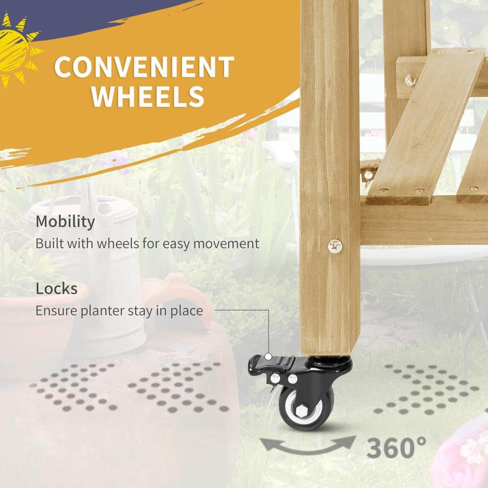 Elevated Natural Wood Garden Bed with Wheels and Storage Shelf