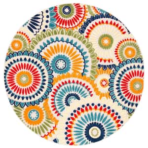 Cabana Blue/Ivory 5 ft. x 5 ft. Round Medallion Floral Indoor/Outdoor Area Rug