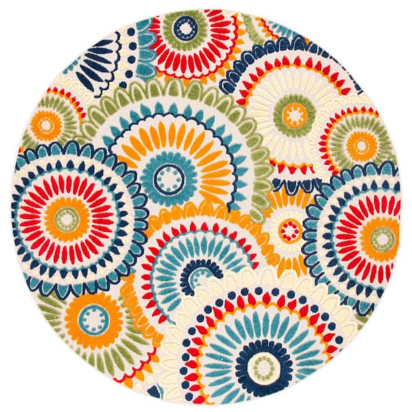 Cabana Blue/Ivory 8 ft. x 8 ft. Round Medallion Floral Indoor/Outdoor Area Rug