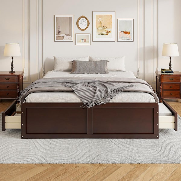 Dark Brown Wood Frame Queen Size Platform Bed with 6 Drawers