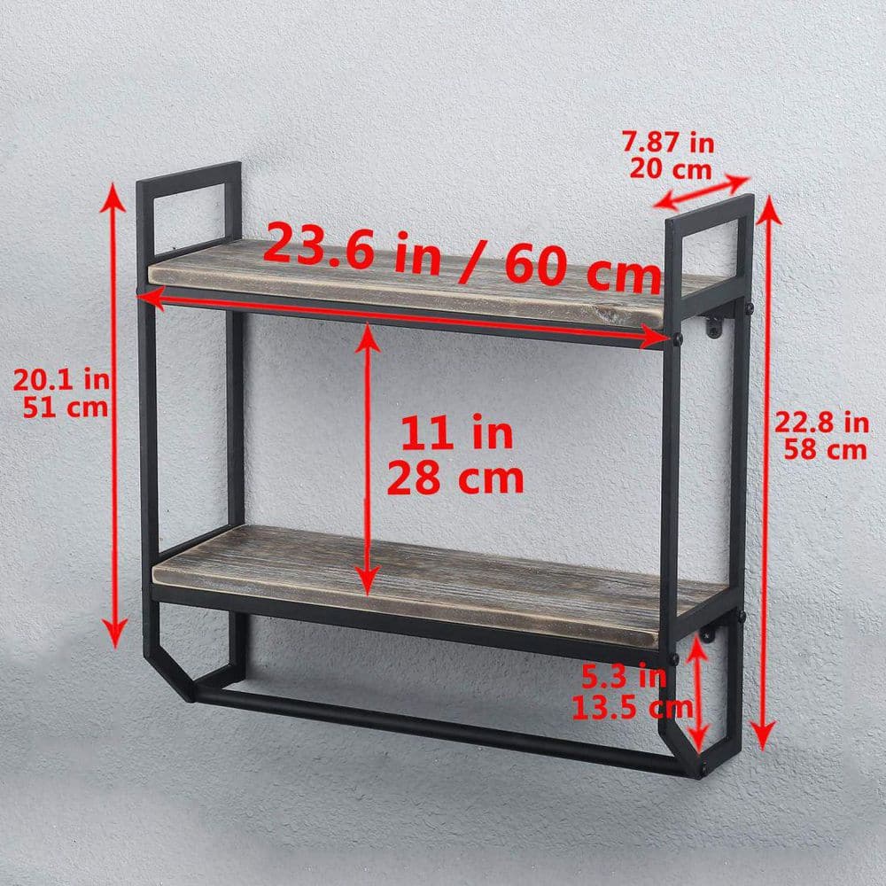 Matte Black Pine 2-Tier Floating Wall Shelf with Towel Rack