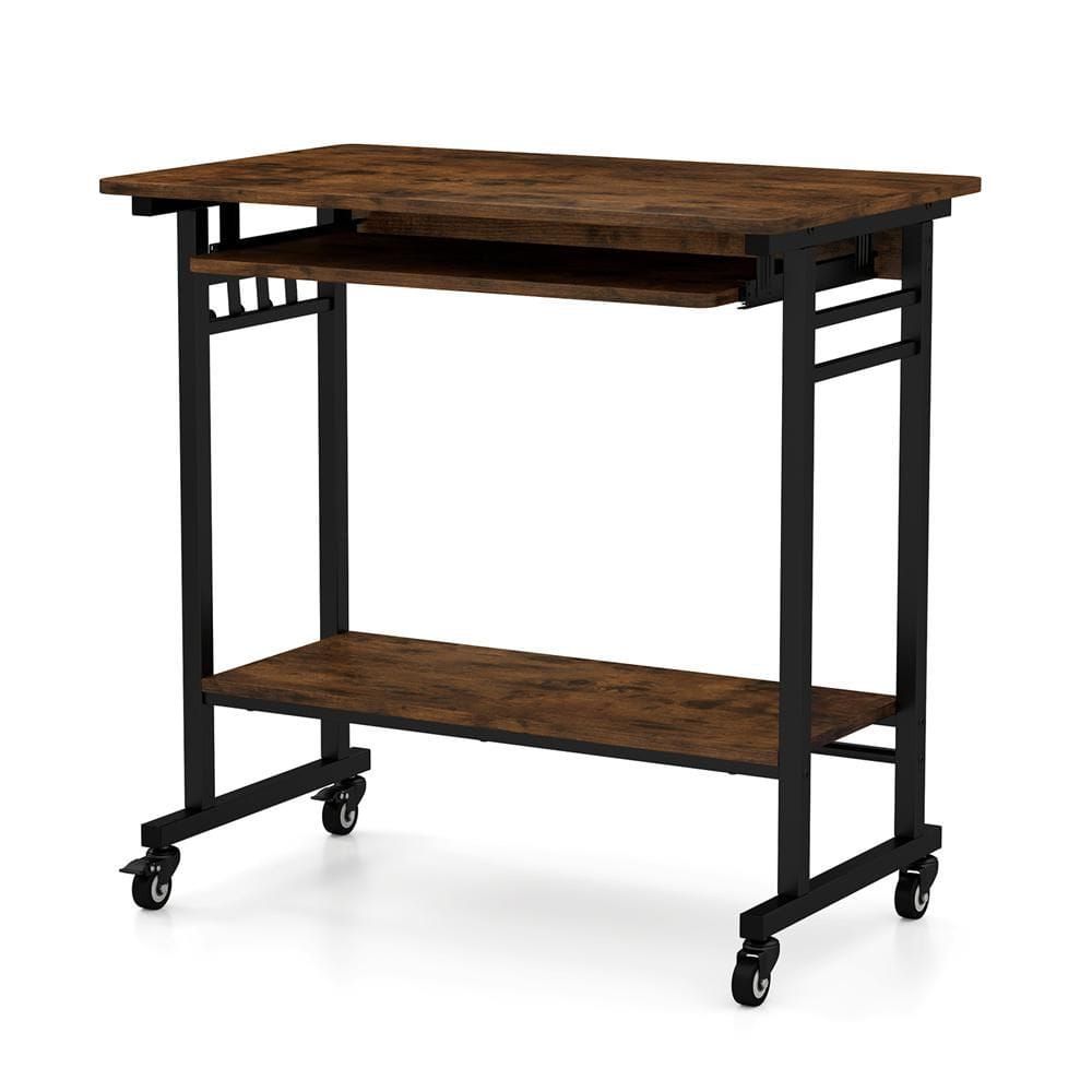 31.5 in. Rustic Brown Mobile Computer Desk with Pull-out Keyboard Tray Compact Laptop Cart Home Office Desk price history on PriceWatchPro