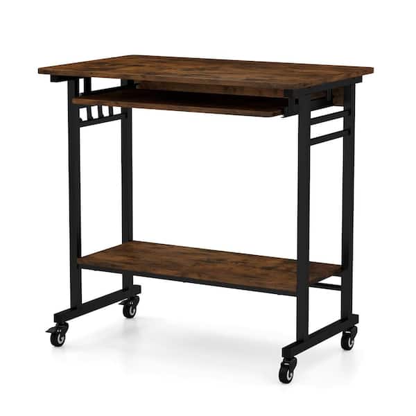 31.5 in. Rustic Brown Mobile Computer Desk with Pull-out Keyboard Tray Compact Laptop Cart Home Office Desk