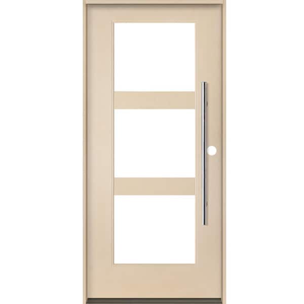 Krosswood Doors BRIGHTON Modern Faux Pivot 36 in. x 80 in. 3-Lite Left-Hand/Inswing Clear Glass Unfinished Fiberglass Prehung Front Door