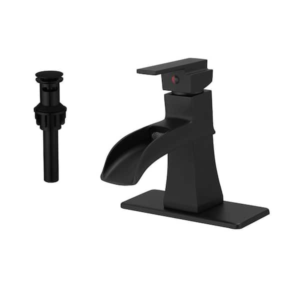 FLG Single Handle Single Hole Bathroom Faucet with Pop-Up Drain Assembly Brass Waterfall Sink Vanity Faucets in Matte Black