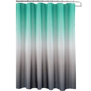 Washable 70 in. W x 72 in. L Fabric Textured Shower Curtain with 12-Easy Glide Metal Rings in Turquoise-Grey