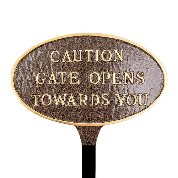Montague Metal Products 6 in. x 10 in. Small Oval Caution Gate Opens Towards You Statement Plaque Sign with Lawn Stake - Hammered Bronze