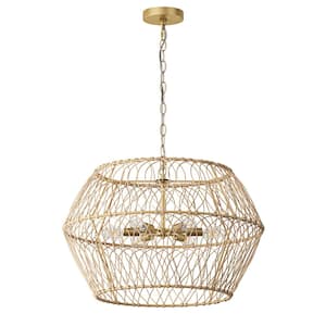 24.4 in. 6-Light Farmhouse Gold Coastal Woven Chandelier with Rattan Basket Shade