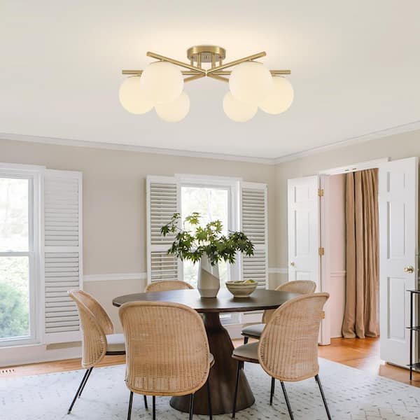 26.37 in. 6-Light Gold Modern Sputnik Semi-Flush Mount Ceiling Light Fixture with Globe Frosted Glass