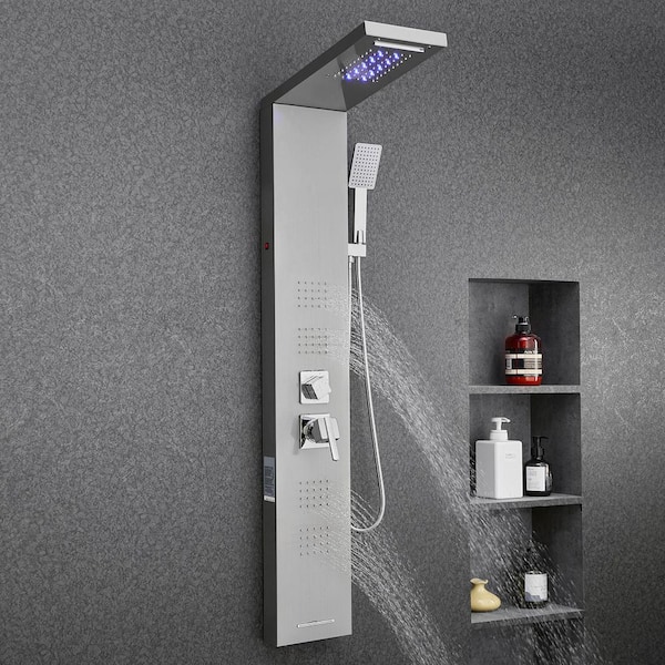 Shower Panel Tower System with Rainfall Waterfall Shower Head, LED, 53 in. Brushed Stainless Steel Shower Column