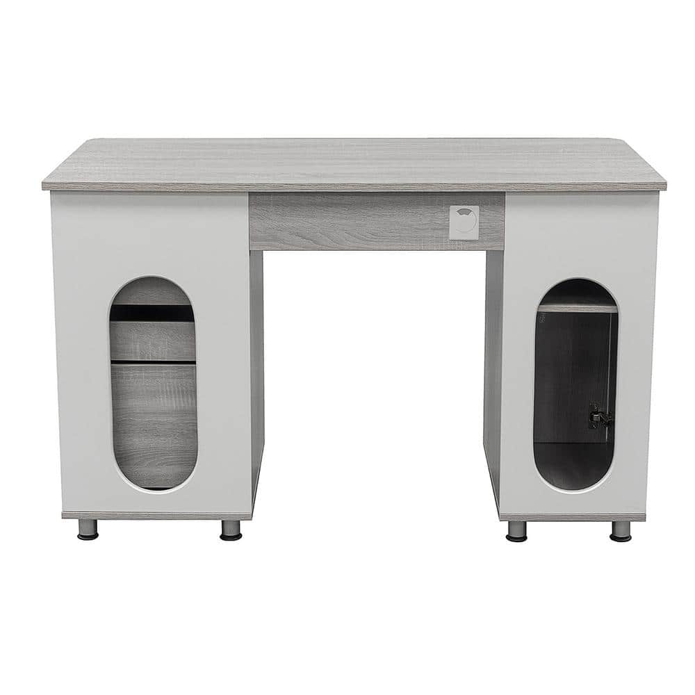 Gray Rectangular Workstation Desk with Storage and Keyboard Tray