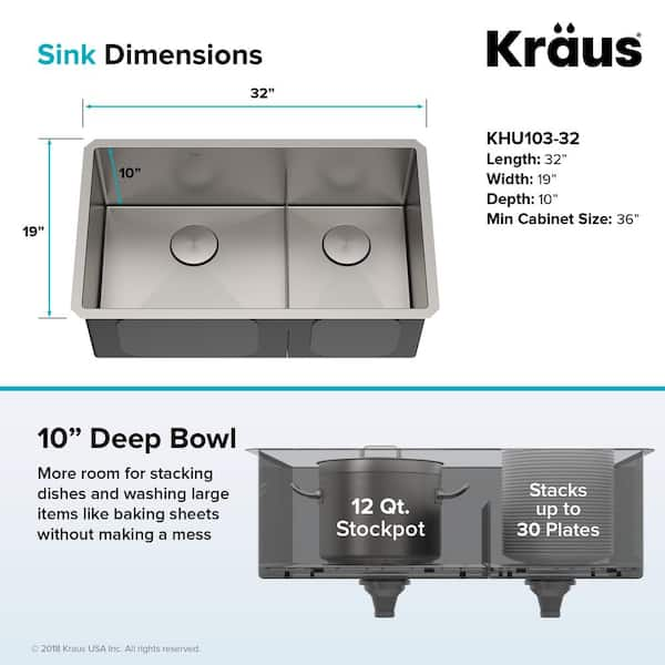 Kraus KHU103-32 Standart Pro 32 16 Gauge Undermount 60/40 Double Bowl Stainless Steel Kitchen Sink