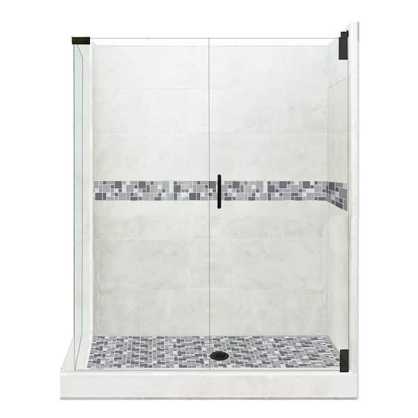 American Bath Factory Newport Grand Hinged 32 in. x 36 in. x 80 in. Right-Hand Corner Shower Kit in Natural Buff and Black Pipe Hardware