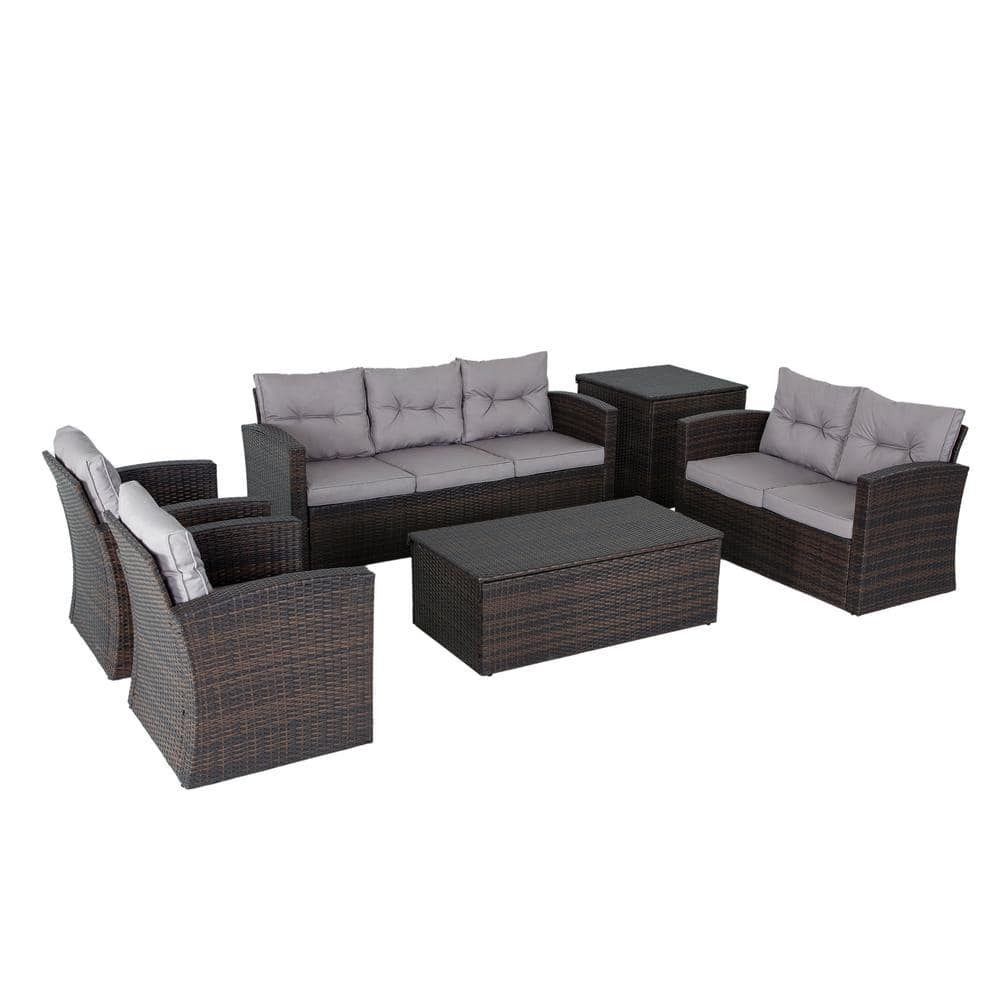 6-Piece Wicker Outdoor Dining Set with Washed Gray Cushion