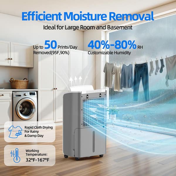 50 pt. 4,500 sq. ft. Dehumidifier for Basement in White with Drain Hose, Bucket, Continuous Run, Timer, 35dB Sleep Mode