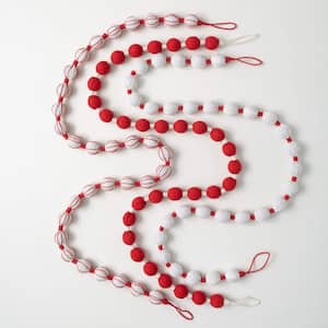 72 in. Candy Cane Fabric Ball Garland - Set of 3, Red Christmas Garland