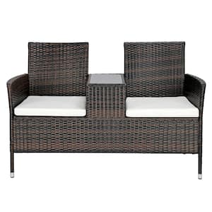 All Weather Brown Wicker Outdoor Loveseat with White Cushions