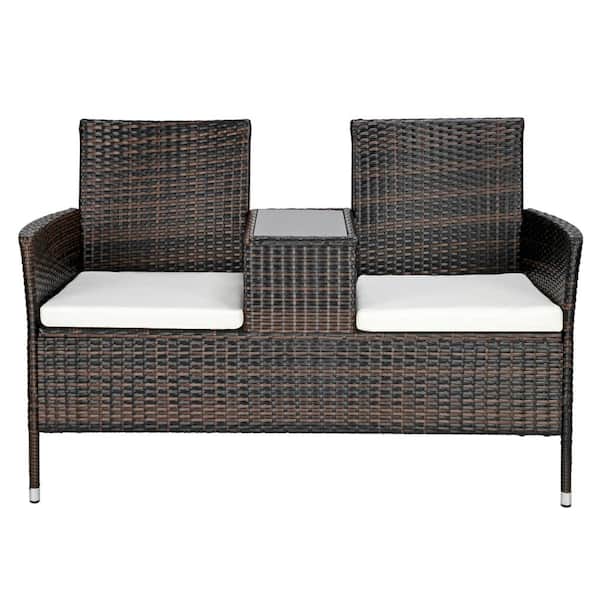 Karl home All Weather Brown Wicker Outdoor Loveseat with White Cushions