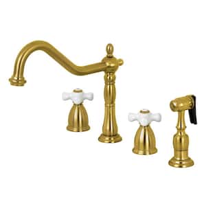Heritage 2-Handle Deck Mount Widespread Kitchen Faucets with Brass Sprayer in Brushed Brass