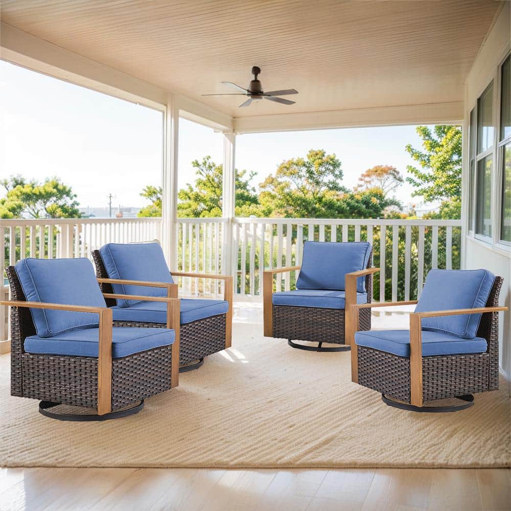 Allcot 4-Piece Brown Wicker Patio Swivel Chairs Outdoor Rocking Chair with CushionGuard with Blue Cushions price history on PriceWatchPro