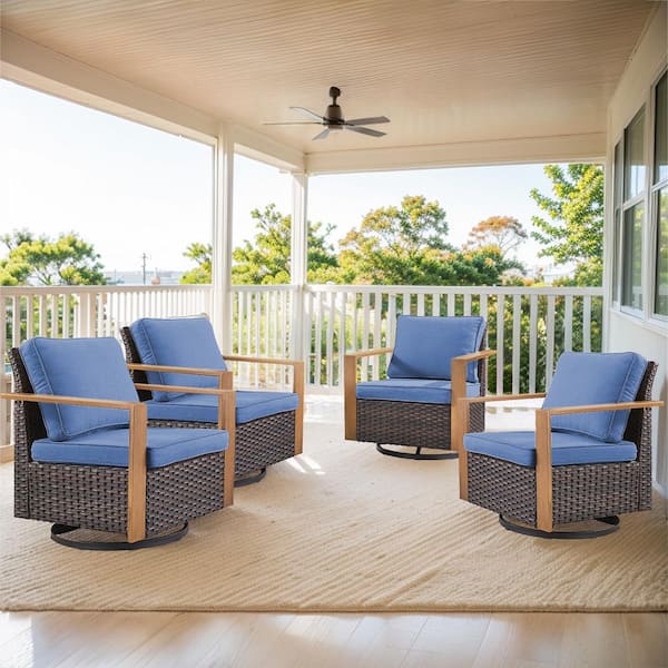 Gymojoy Allcot 4-Piece Brown Wicker Patio Swivel Chairs Outdoor Rocking Chair with CushionGuard with Blue Cushions