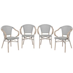 Black and White/Light Natural Frame Aluminum Outdoor Dining Chair in White Set of 4